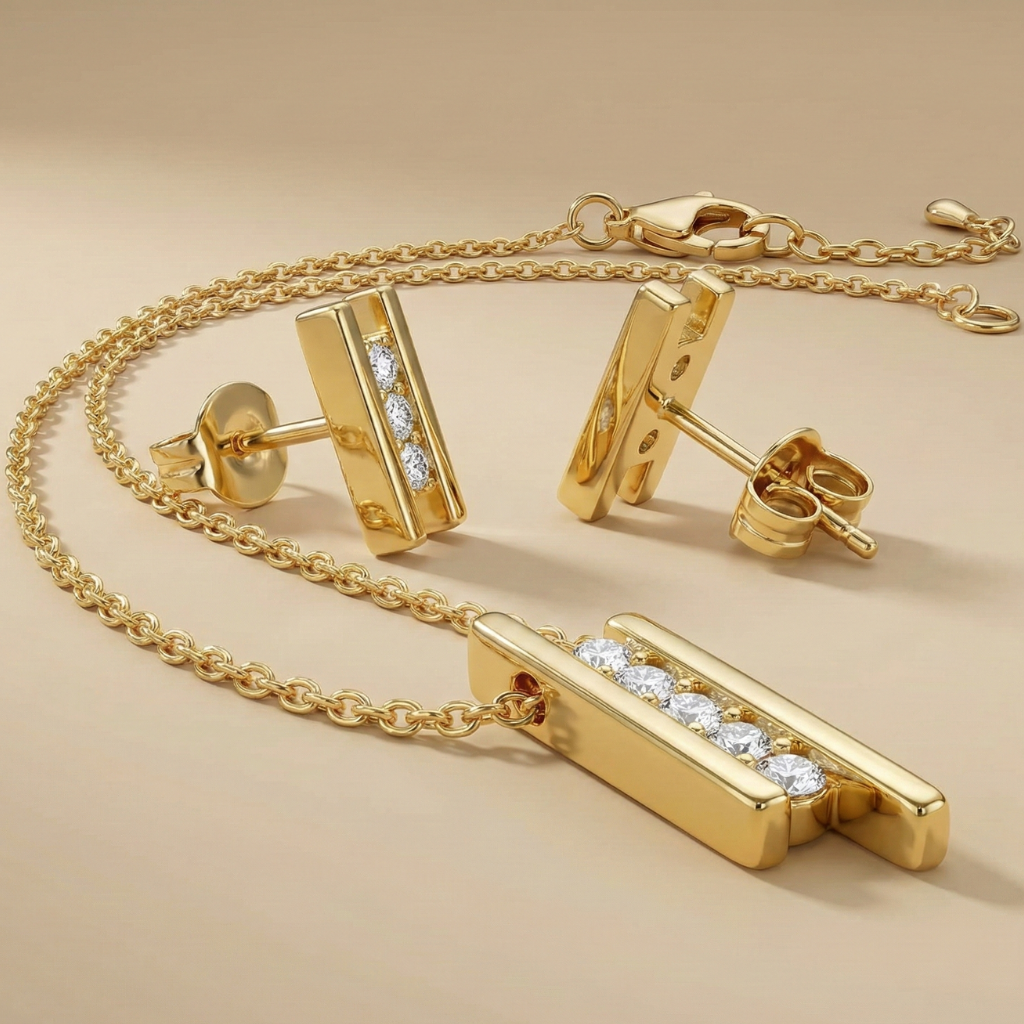 Set Anhänger/Kette und Ohrstecker 925/- Sterling Silber vergoldet Zirkonia