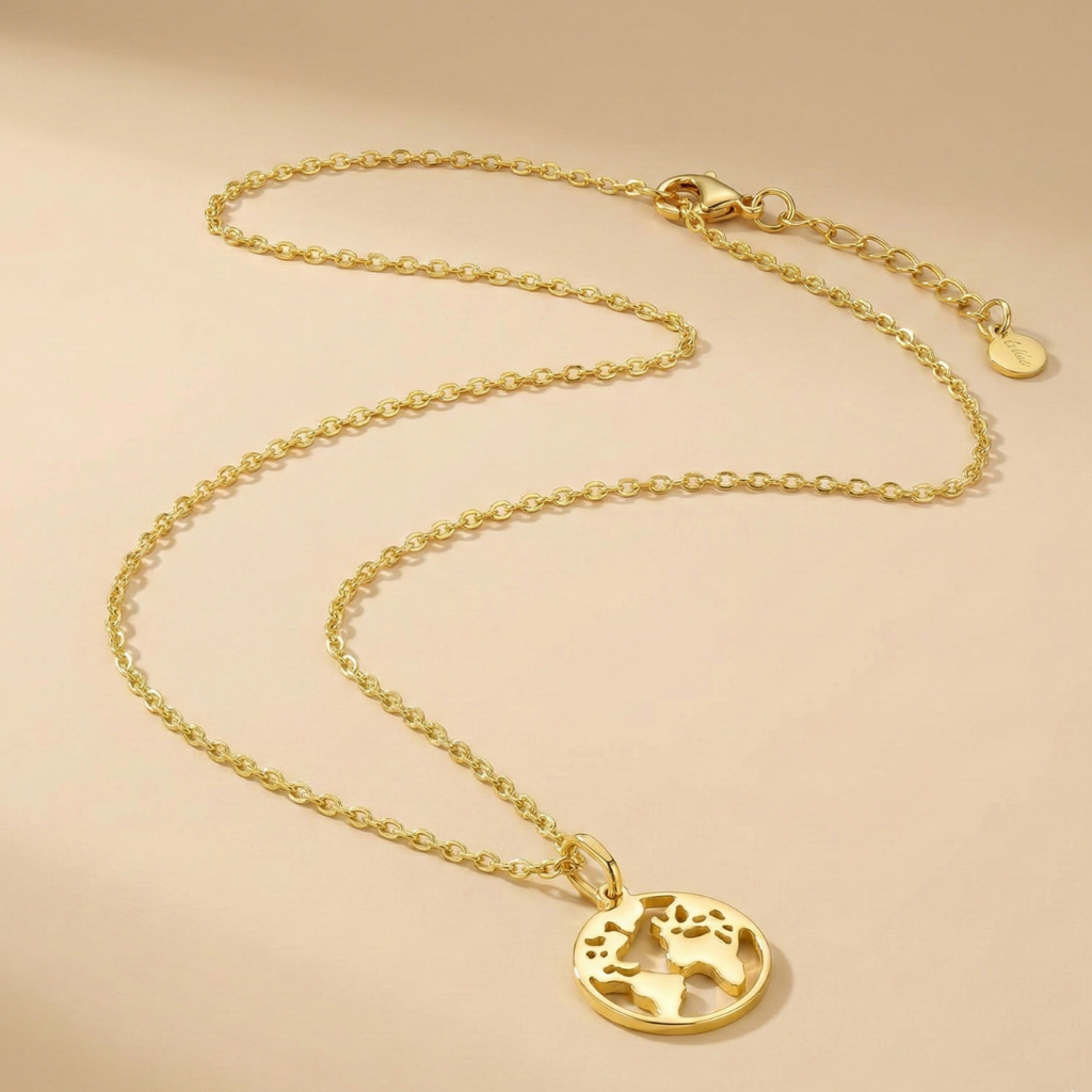 Weltkarten-Kette – 925 Silber vergoldet (42+3 cm)