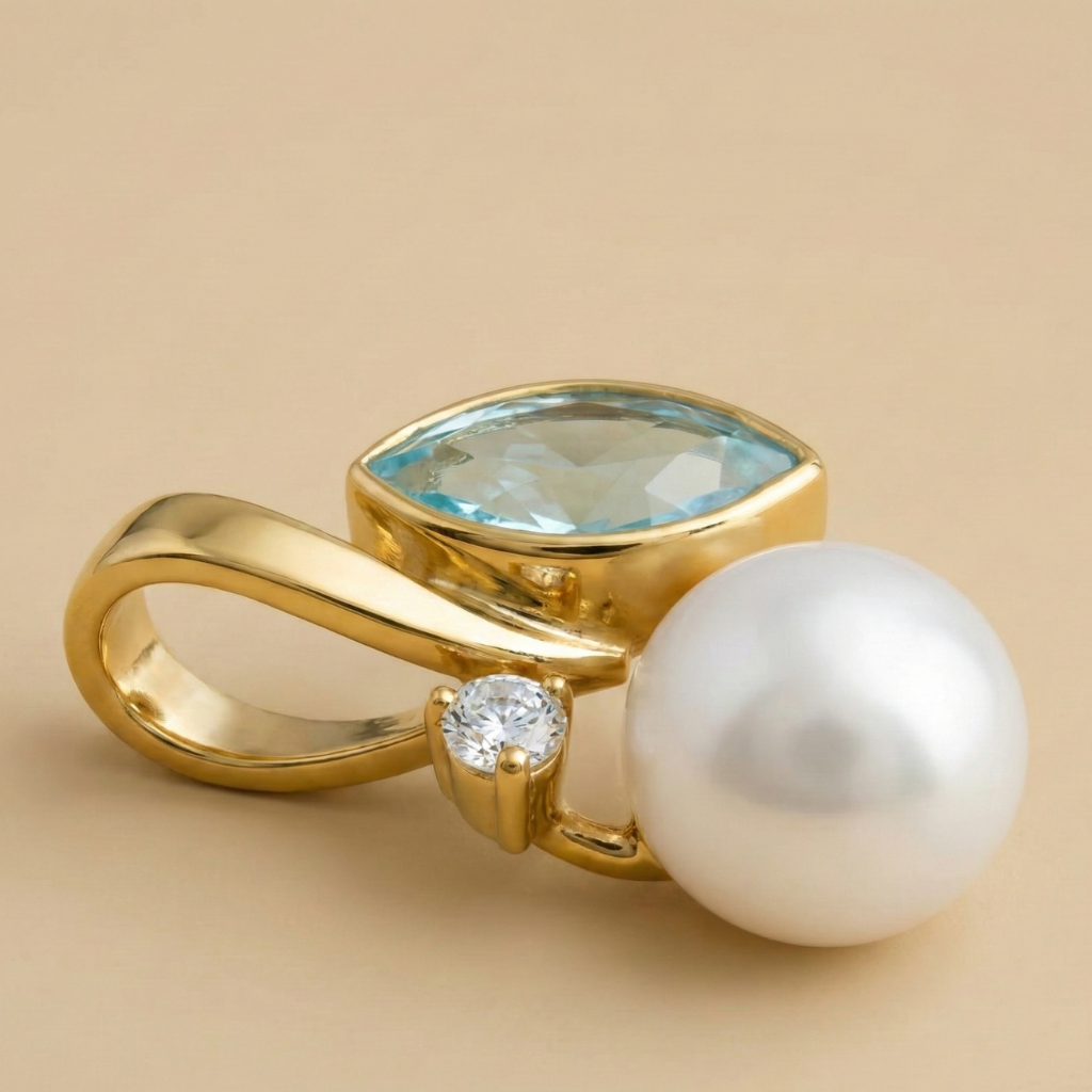 Blautopas-Anhänger – 375 Gold · Perle · Zirkonia (17 mm)