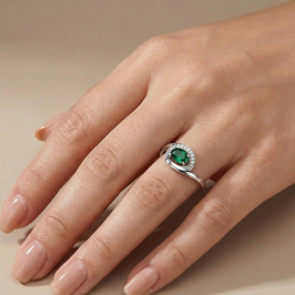 Ring 925/- Sterling Silber rhodiniert synth.Smaragd