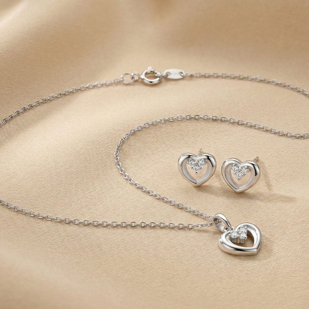 Set Anhänger/Kette und Ohrstecker 925/- Sterling Silber Rhodiniert Zirkonia