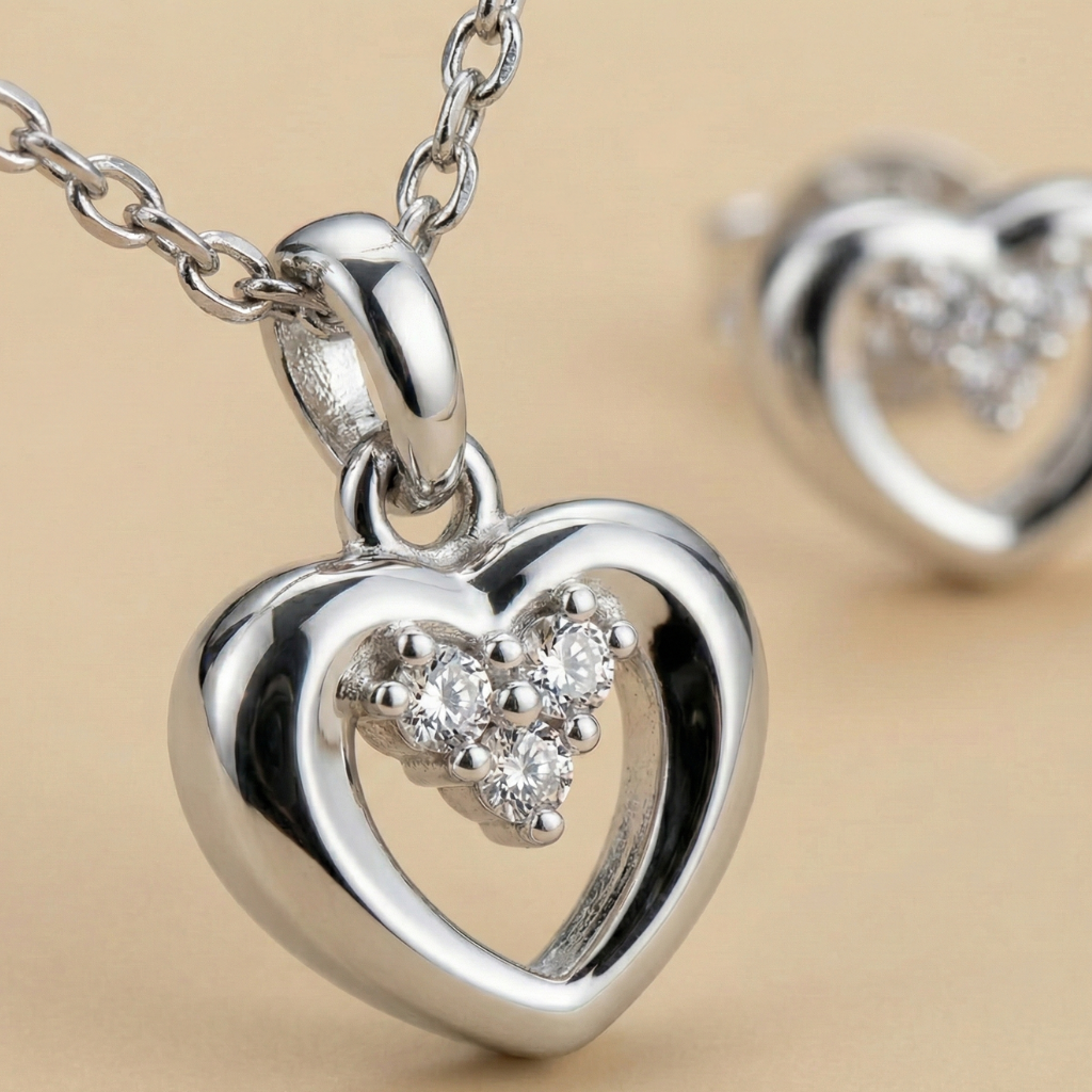 Set Anhänger/Kette und Ohrstecker 925/- Sterling Silber Rhodiniert Zirkonia