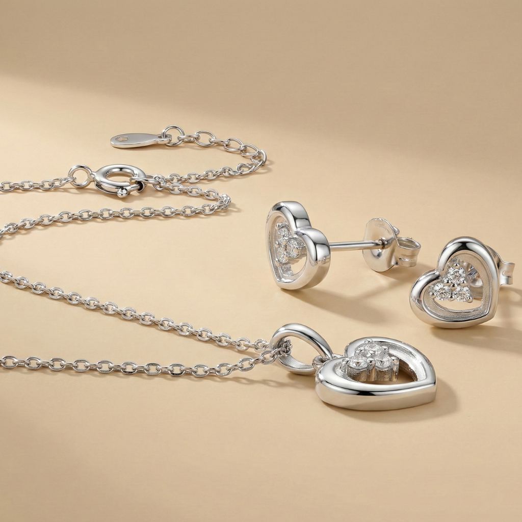 Set Anhänger/Kette und Ohrstecker 925/- Sterling Silber Rhodiniert Zirkonia