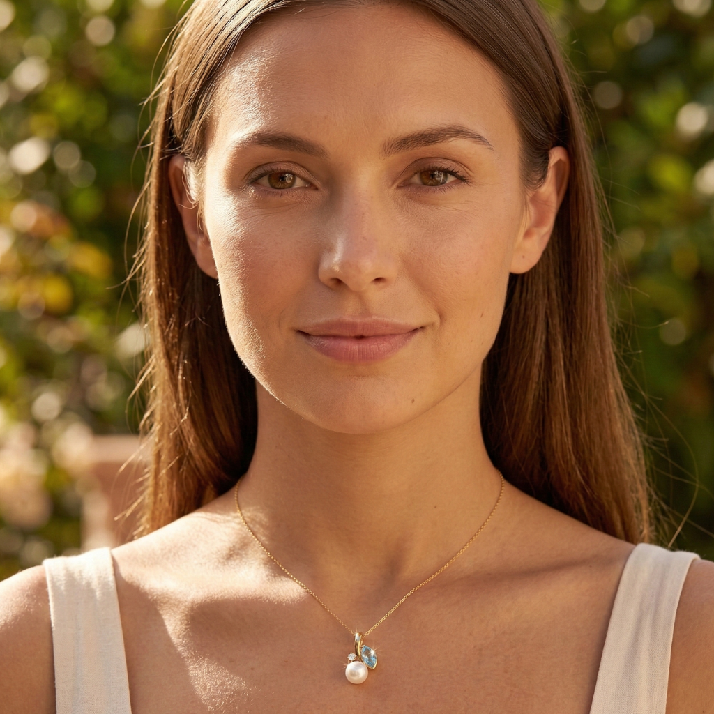 Blautopas-Anhänger – 375 Gold · Perle · Zirkonia (17 mm)