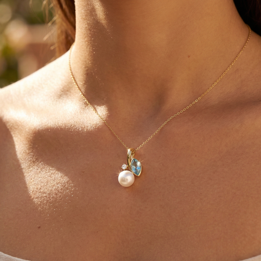 Blautopas-Anhänger – 375 Gold · Perle · Zirkonia (17 mm)