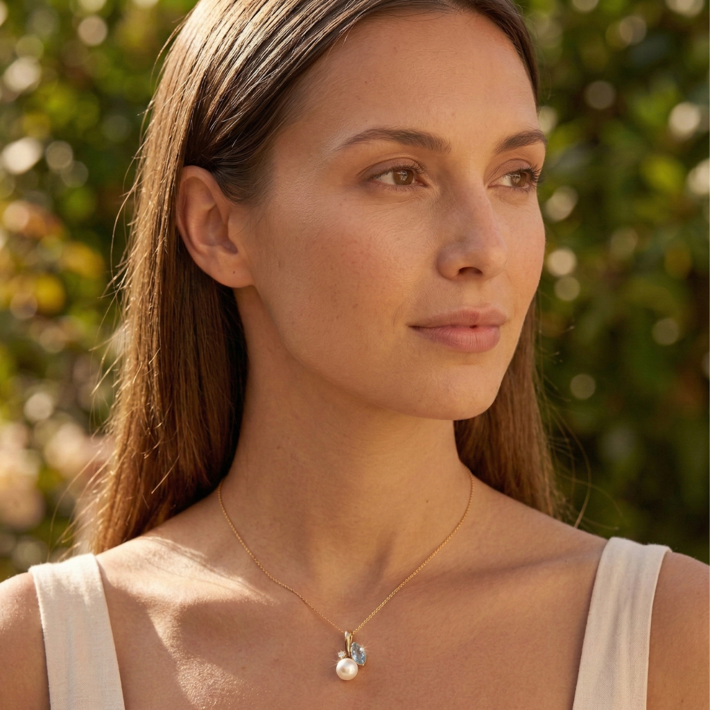 Blautopas-Anhänger – 375 Gold · Perle · Zirkonia (17 mm)