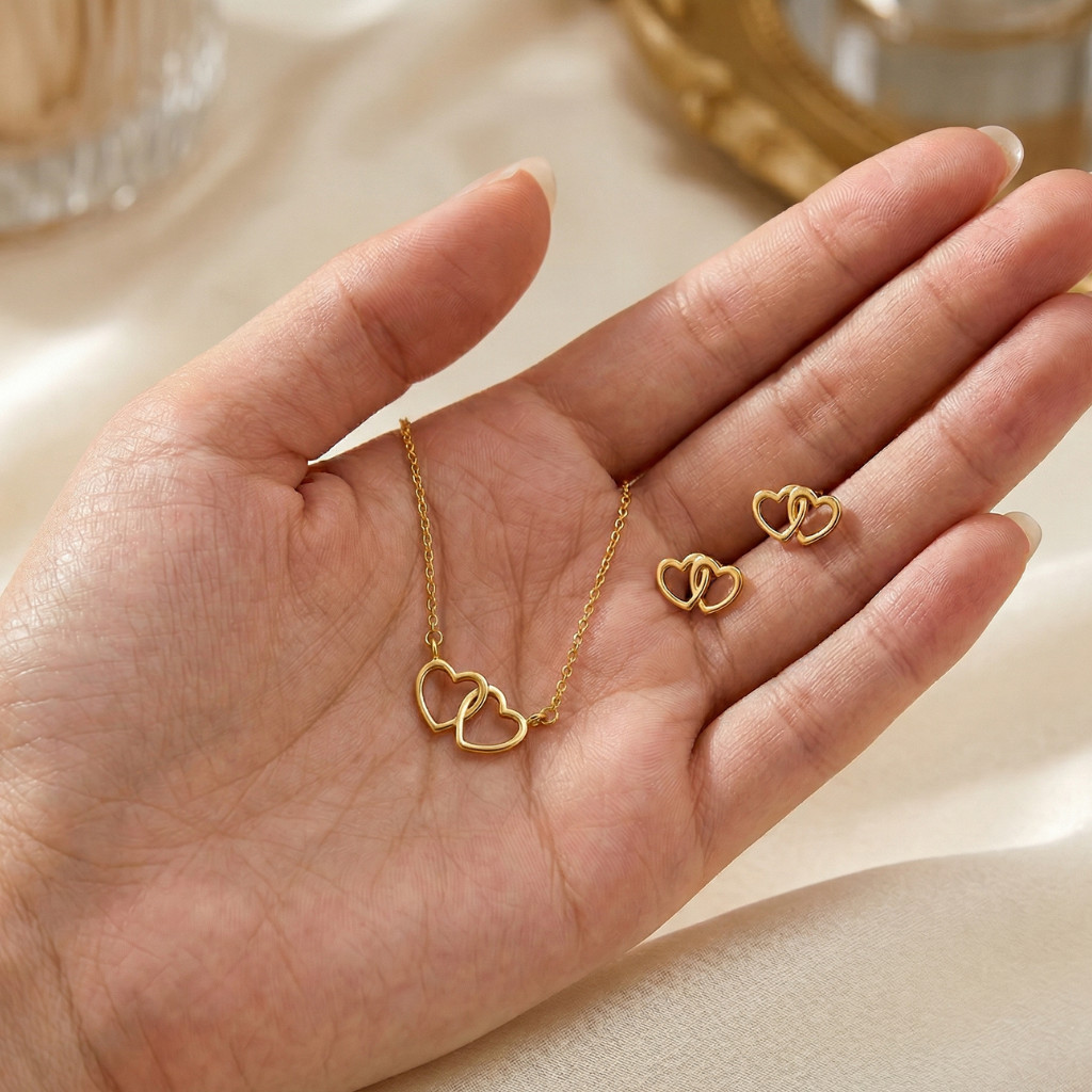 Schmuck-Set – 925 Silber vergoldet · Doppelherz